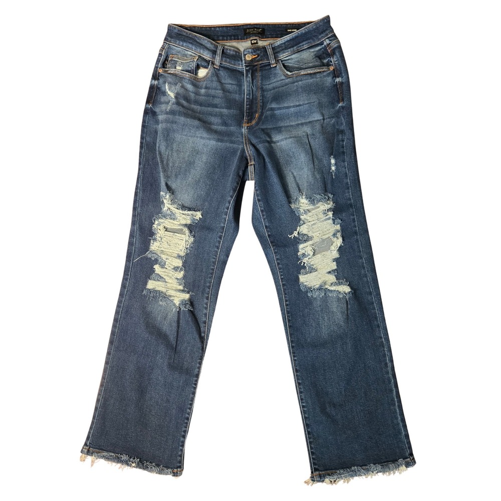 Judy Blue Dad Jeans 16W Medium Wash Distressed High Rise Raw Hem Straight Leg